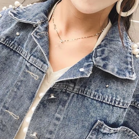Medium Wash Faux pearl Button up Oversized Jean Denim jacket - Picture 6 of 8